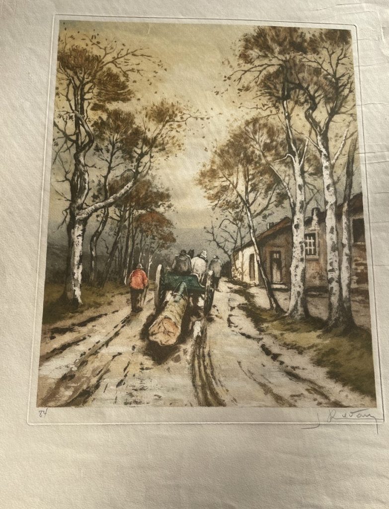 A rural scene depicting figures walking along a dirt path with a cart, surrounded by trees and buildings.