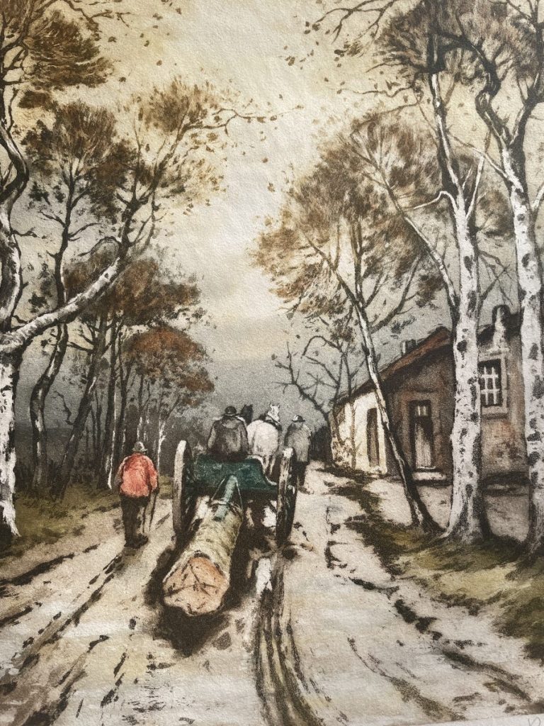 Watercolor painting depicting four figures pulling a log cart along a dirt path surrounded by trees.