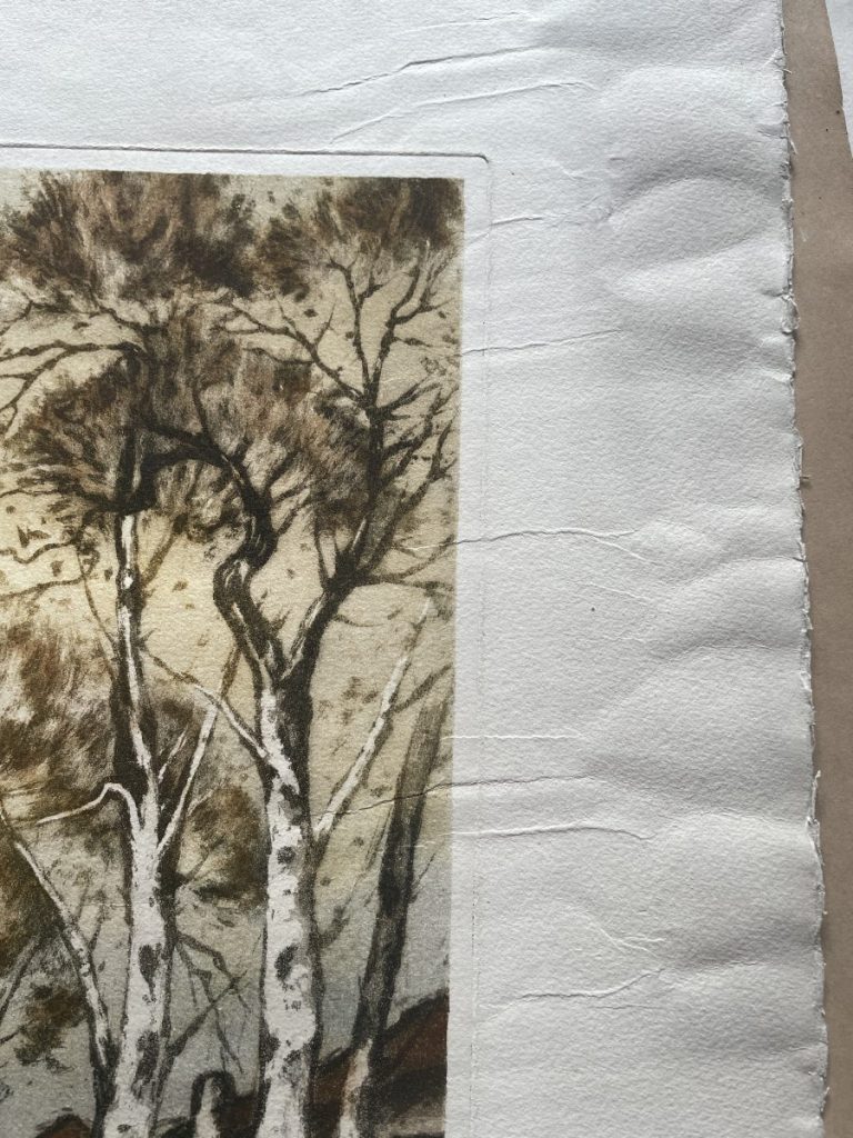 Artistic print depicting trees with a textured background in muted colors.