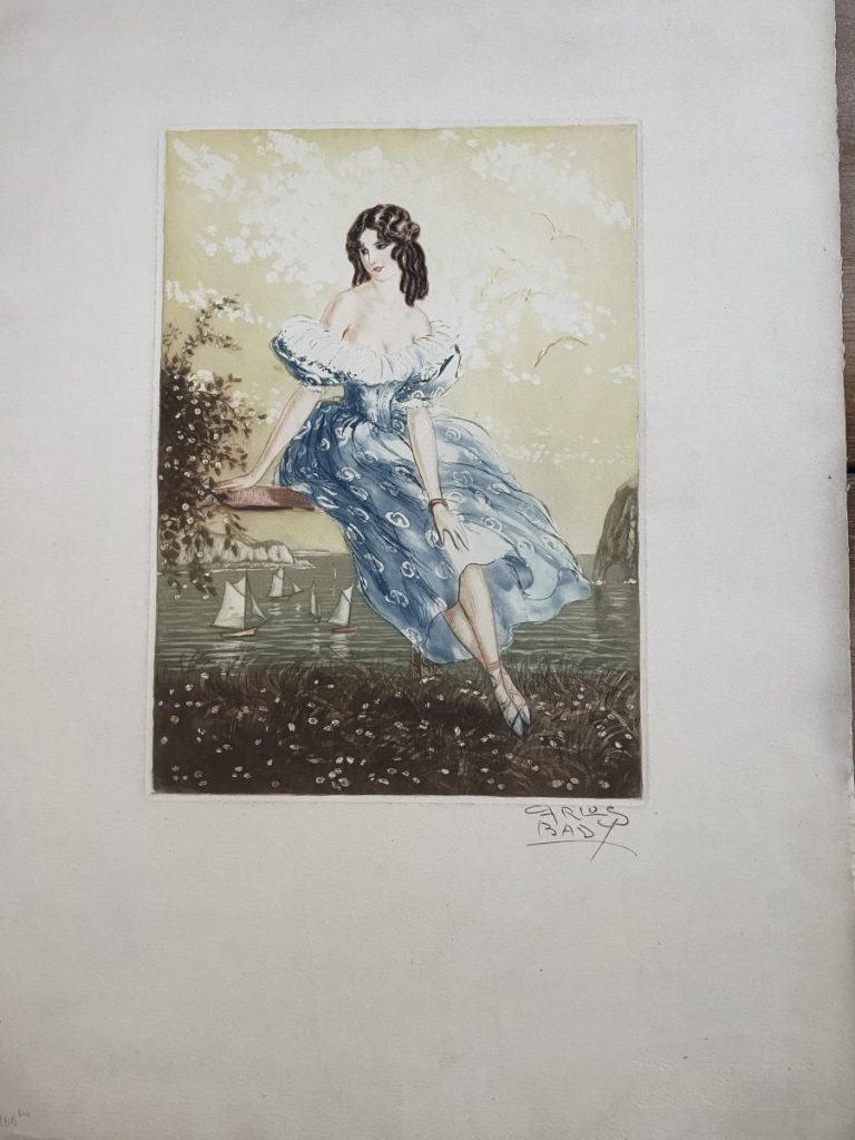 Illustration of a woman in a blue dress with a floral pattern, sitting gracefully with a scenic background.