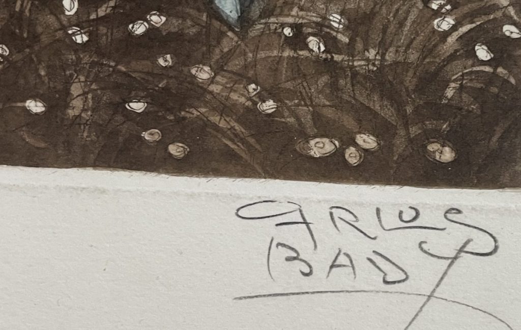 Close-up of an artistic signature with the name 'Grus Bad' on textured paper.