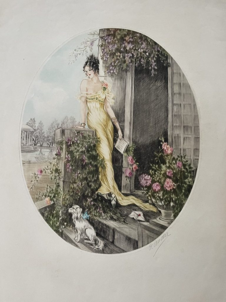 A woman in a yellow dress standing on steps with a small dog at her feet, surrounded by flowers.