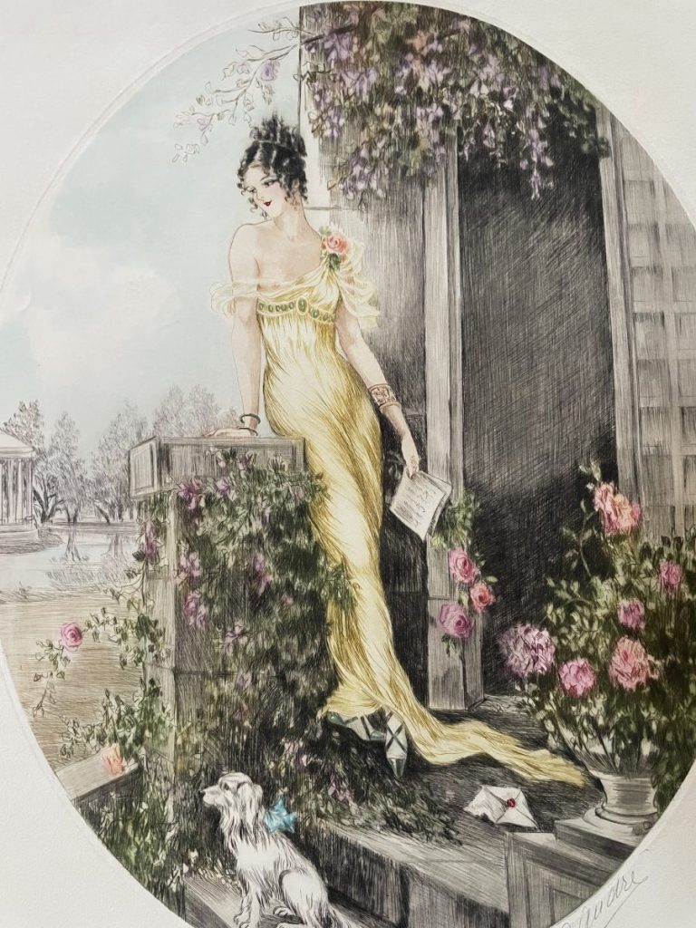A woman in a yellow dress leaning against a stone structure with flowers and a small dog nearby.