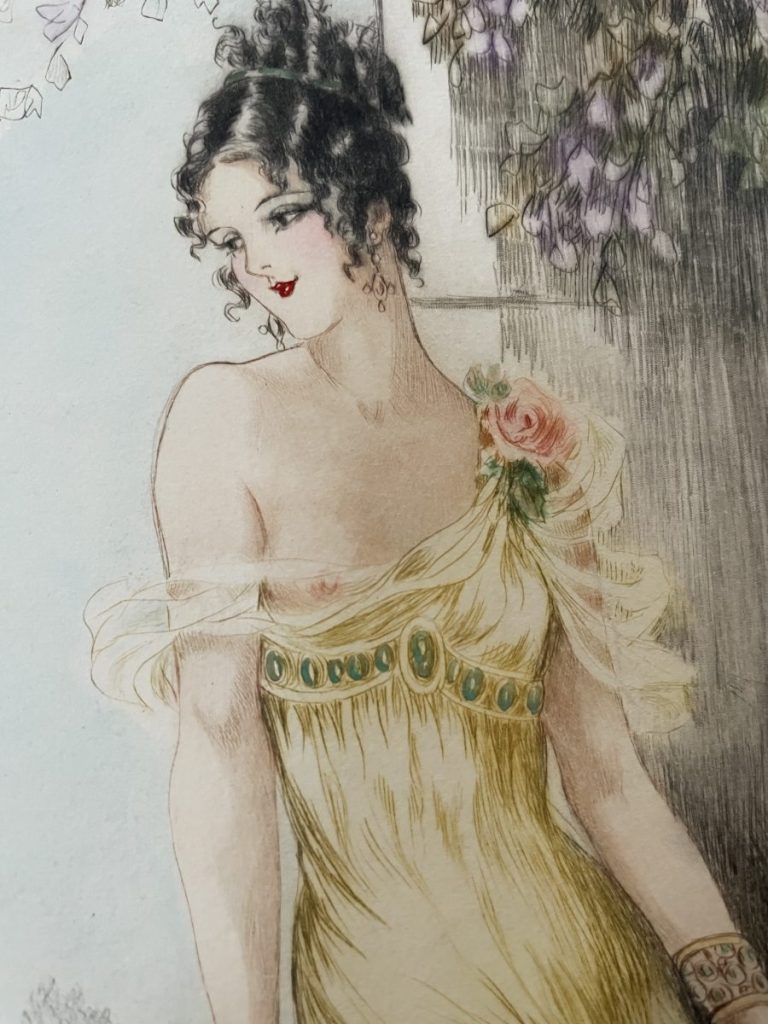 Artistic illustration of a woman wearing a yellow dress with floral accents and jewelry.