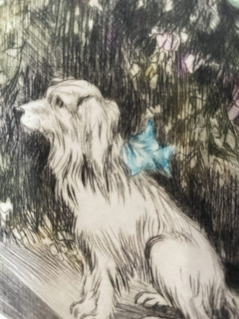 A detailed illustration of a dog sitting with a blue bow on its collar, surrounded by floral elements.