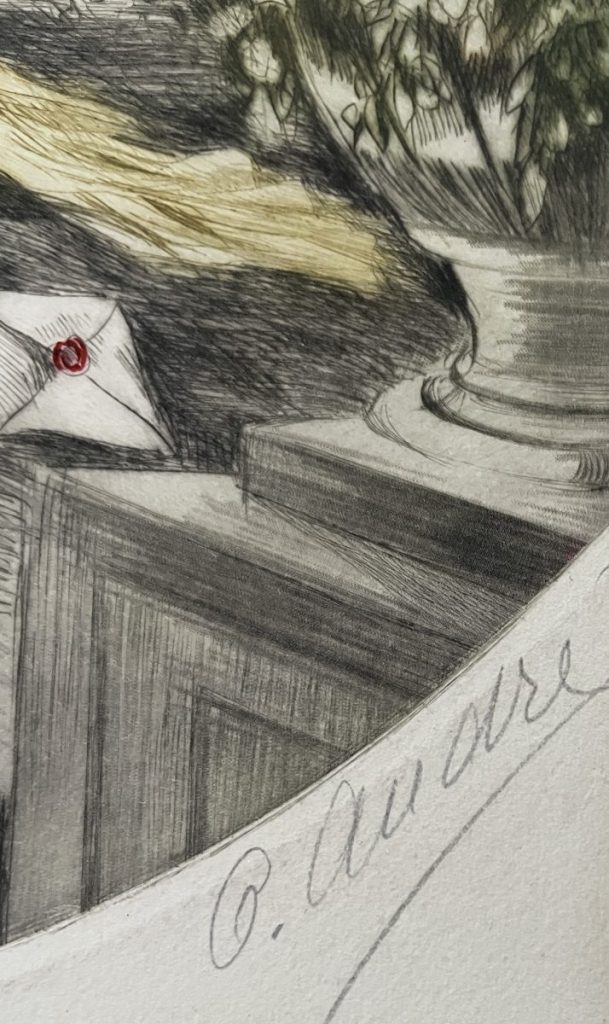 Close-up of an engraving featuring a letter with a red seal and an artist's signature.