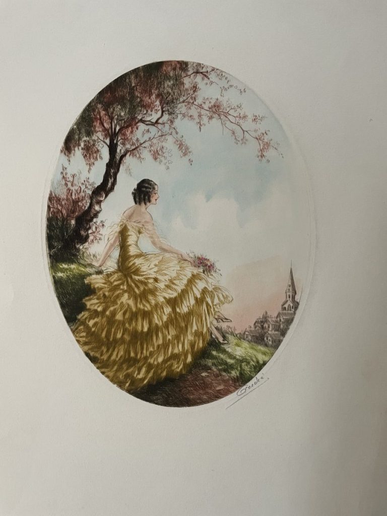 A woman in a yellow dress seated outdoors, with a bouquet and a distant church in the background.