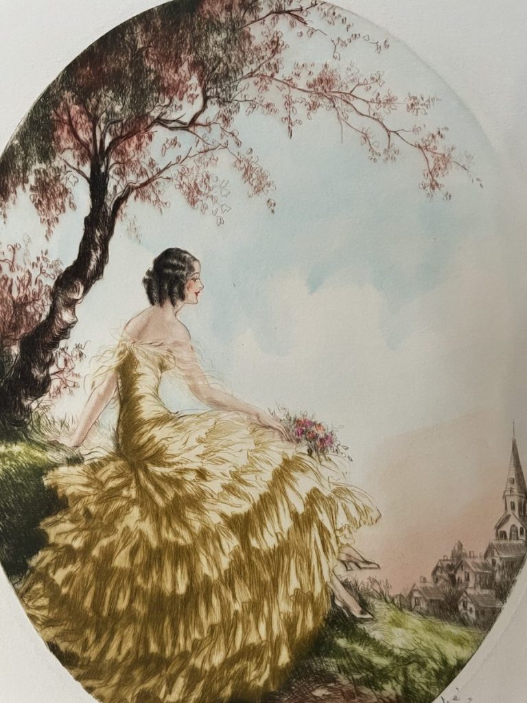 A woman in a yellow dress seated outdoors, holding a bouquet of flowers, with a landscape in the background.