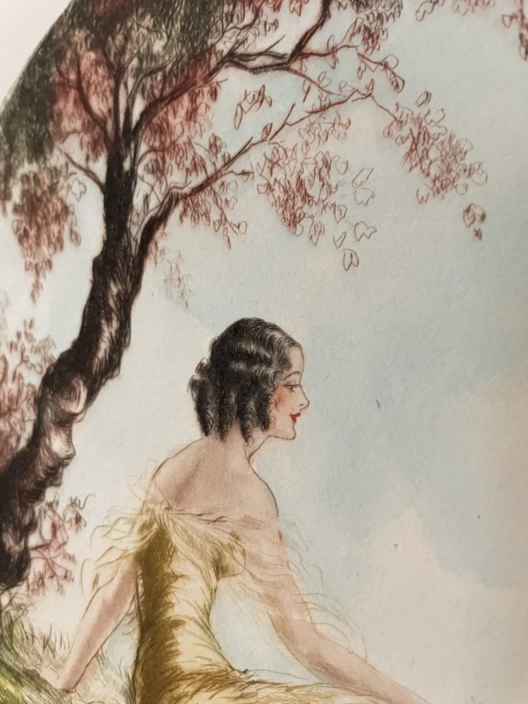 A vintage illustration depicting a woman in a yellow dress sitting under a tree with pink blossoms.