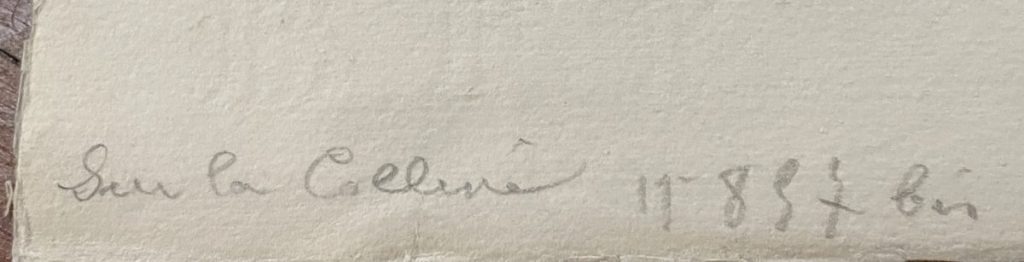 Signature on a piece of artwork, dated 1887, written in pencil.