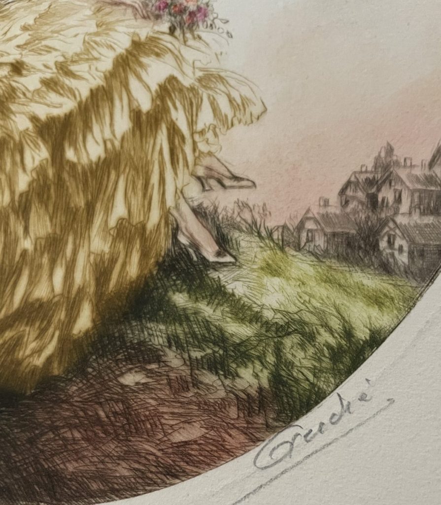 Illustration of a woman in a yellow dress seated on grass with a village in the background.