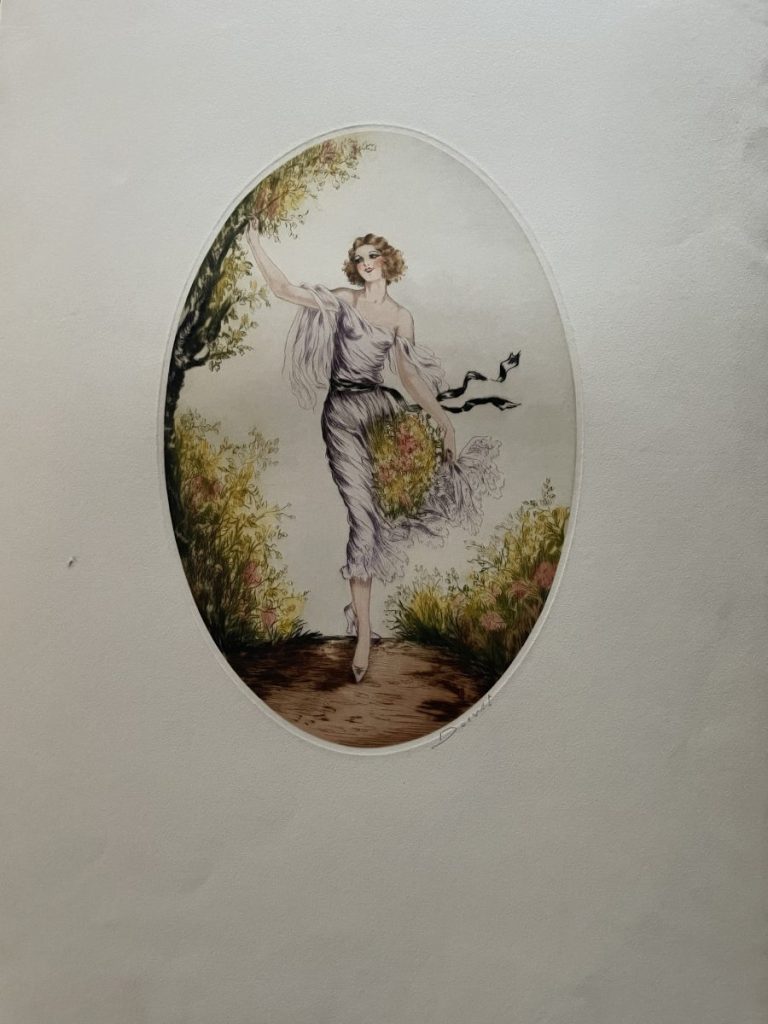 Vintage fashion illustration depicting a woman in a dress holding flowers in an outdoor setting.