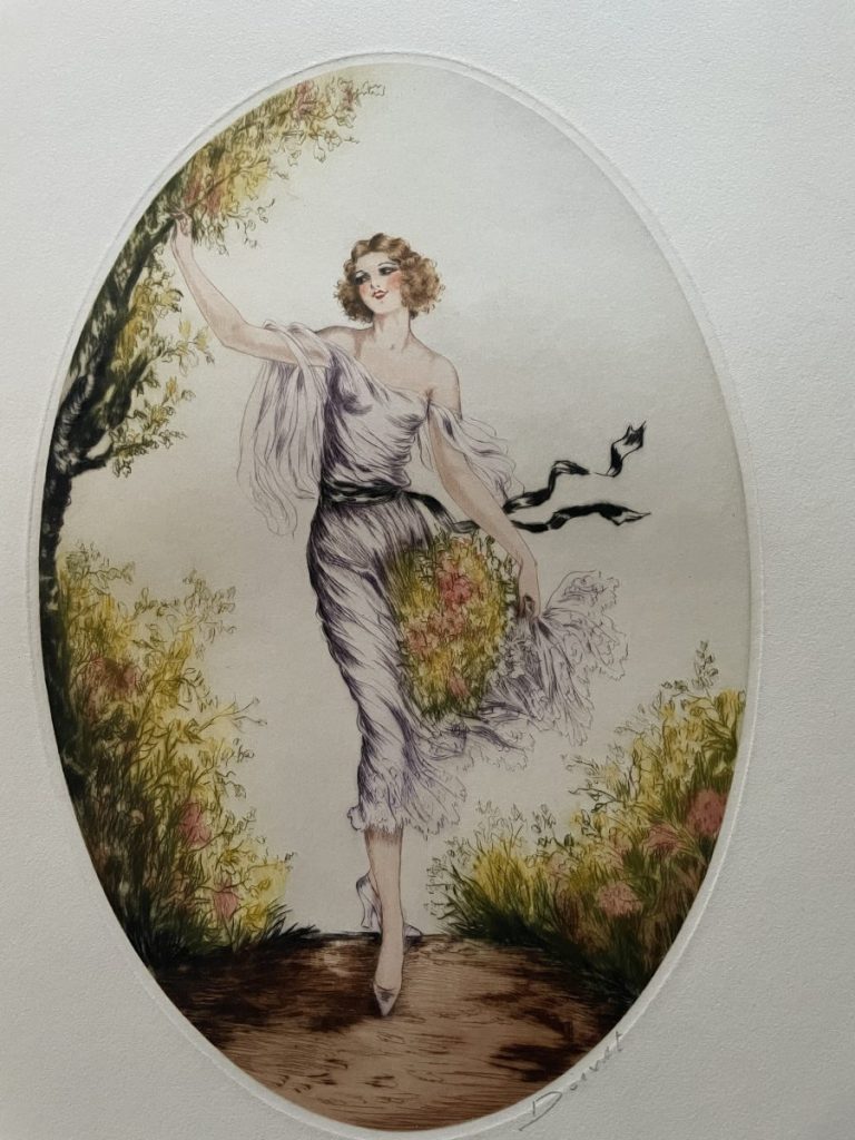 Illustration of a woman in a flowing dress holding a bouquet of flowers in a natural setting.