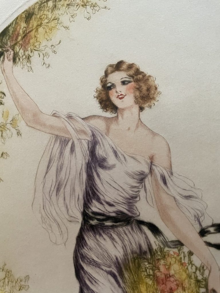 Illustration of a woman in Art Deco style holding flowers with a flowing dress and curly hair.