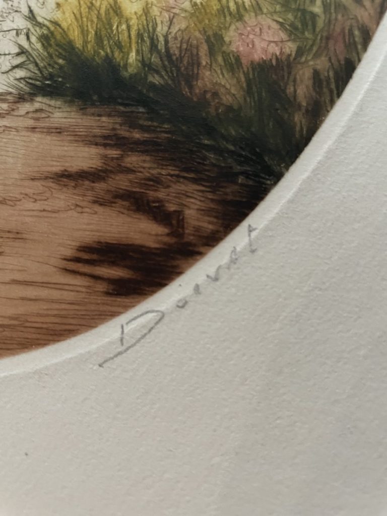 Close-up of an artist's signature on a piece of artwork, written in pencil.