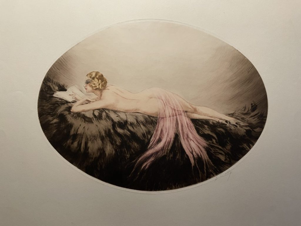 Artistic depiction of a nude woman reclining on a dark surface with pink drapery.