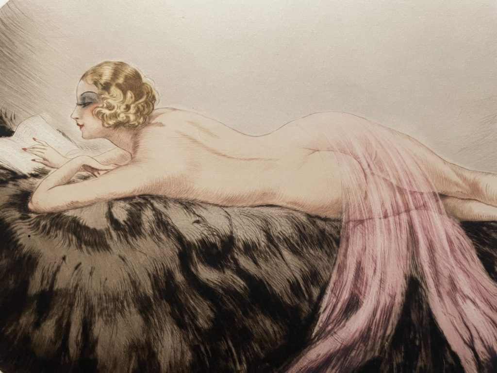 A nude woman reclining on a fur surface, with a pink fabric draped behind her.