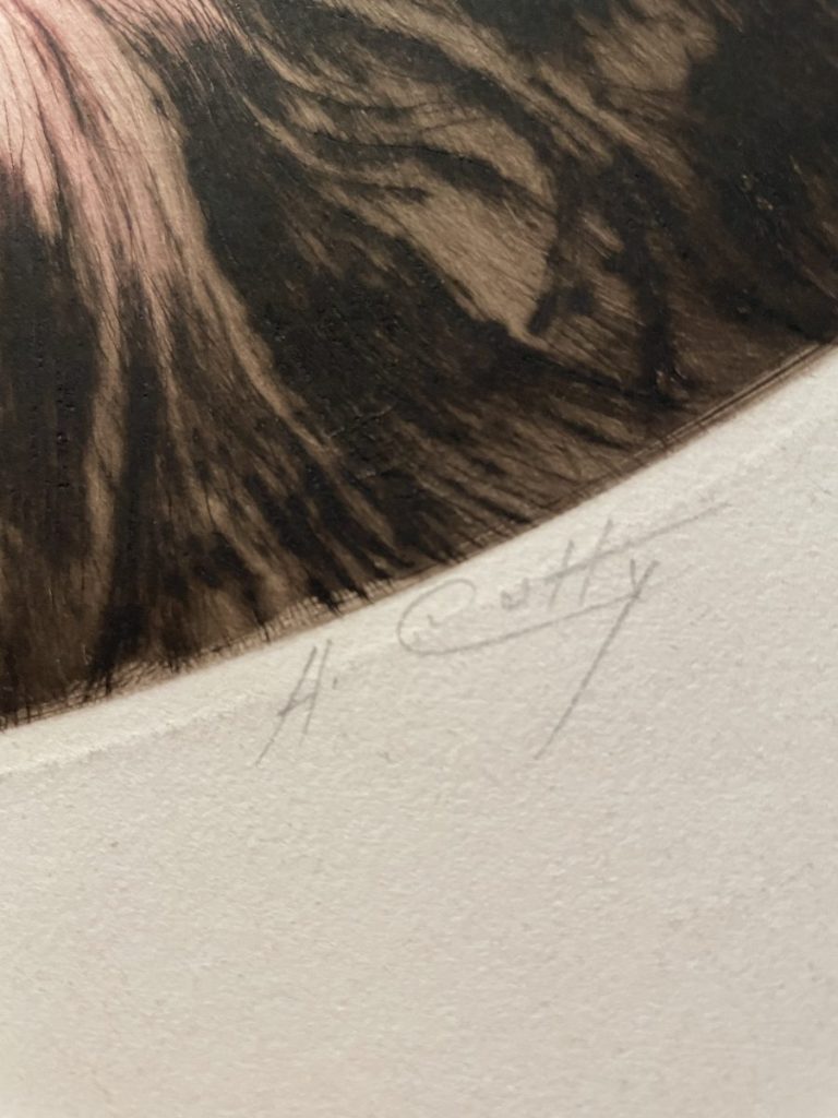 Close-up of an artist's signature on a piece of artwork, showing fine details.
