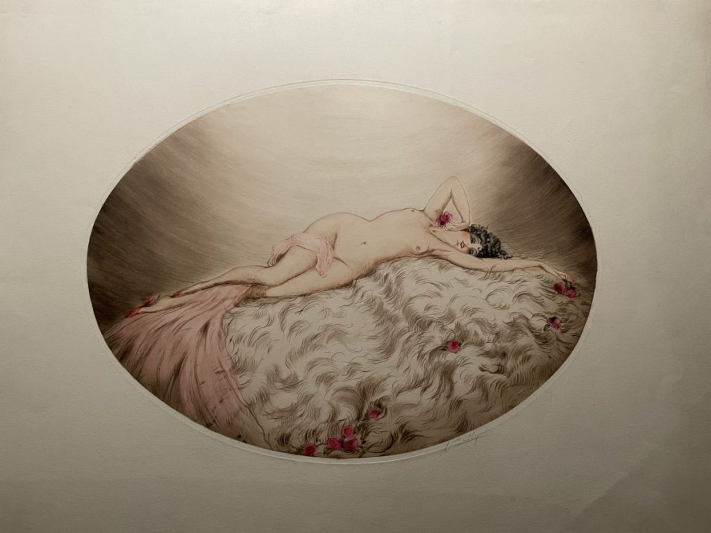 Artistic depiction of a nude woman reclining on a textured surface with pink flowers.
