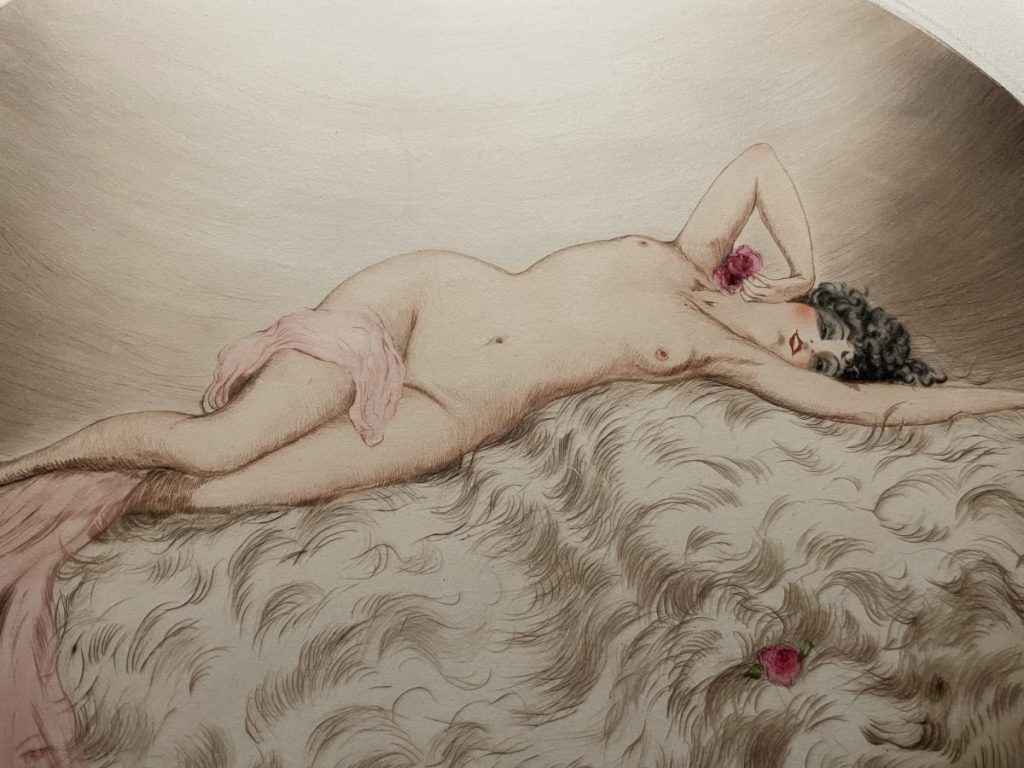 A nude female figure reclining on a soft surface, adorned with a rose and draped fabric.