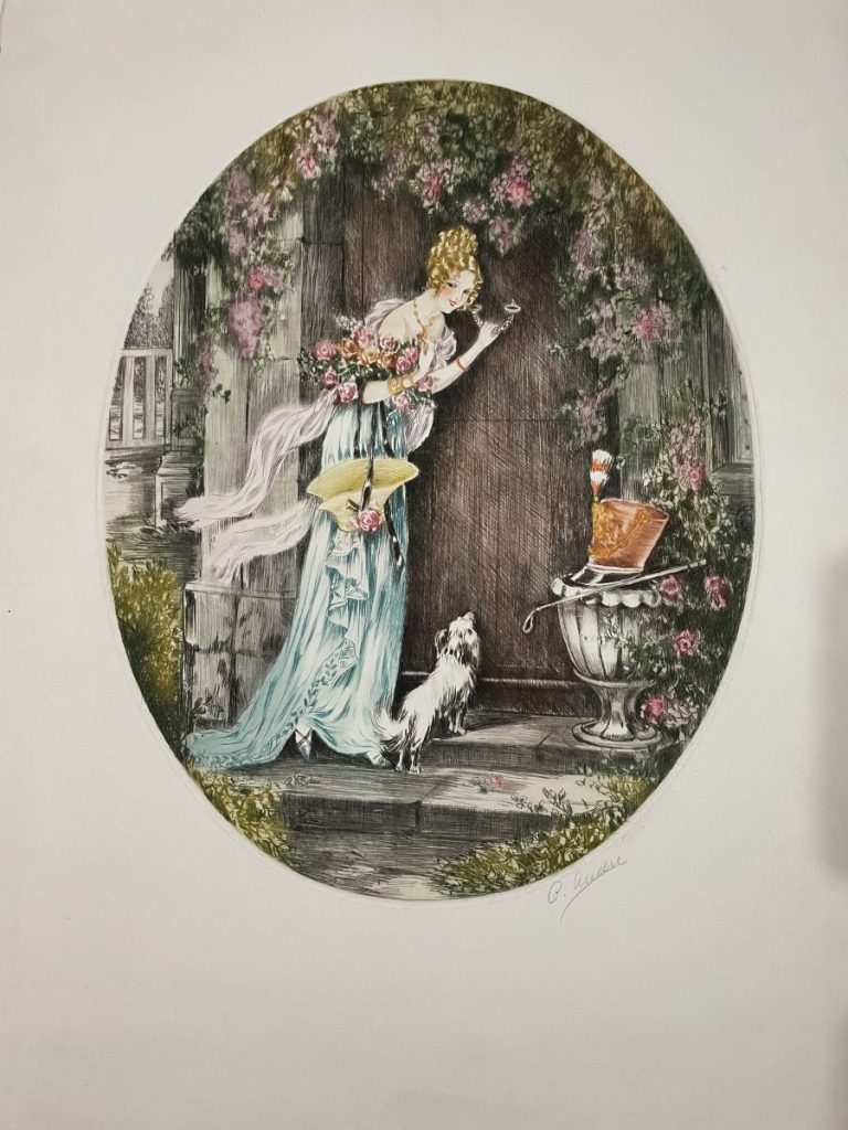 A Victorian woman in a blue dress with flowers at a door, accompanied by a small white dog.