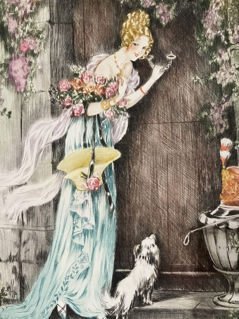 A vintage illustration depicting a woman in a blue dress holding flowers with a small dog at her feet.