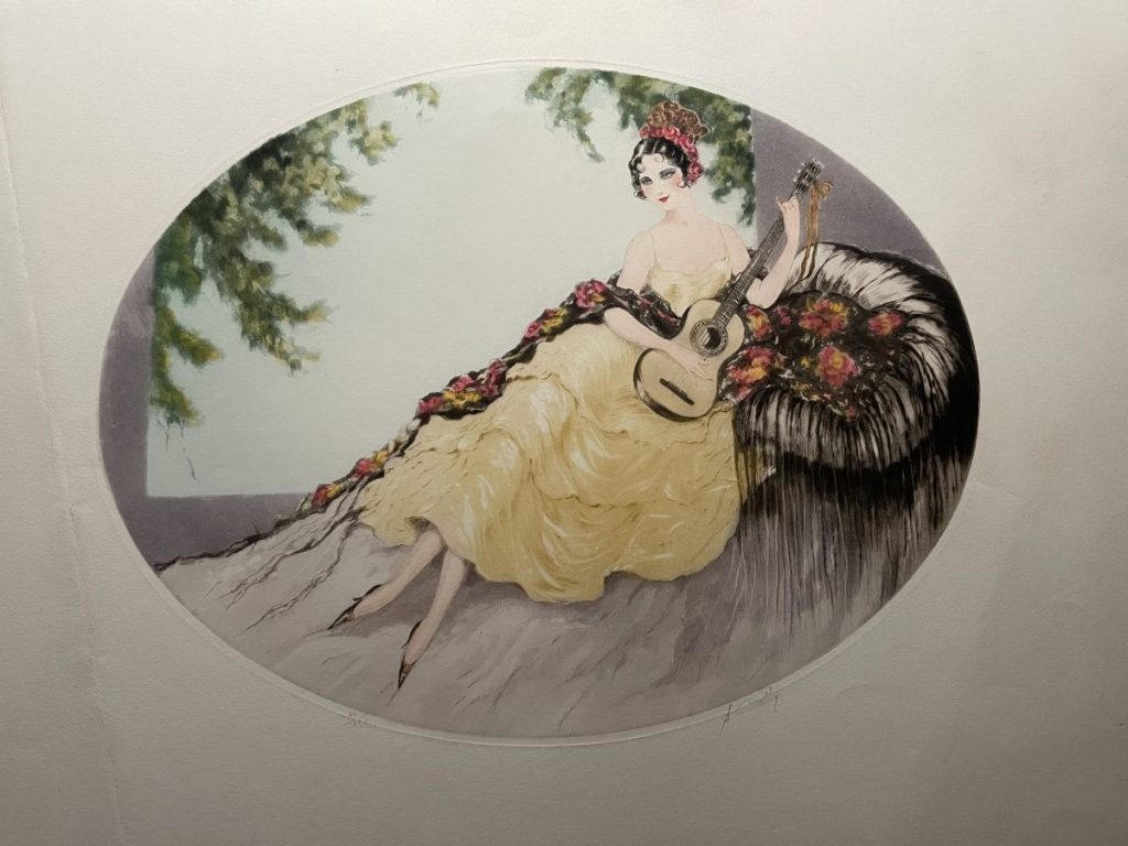 Illustration of a woman in a yellow dress holding a guitar, seated on a decorative surface.