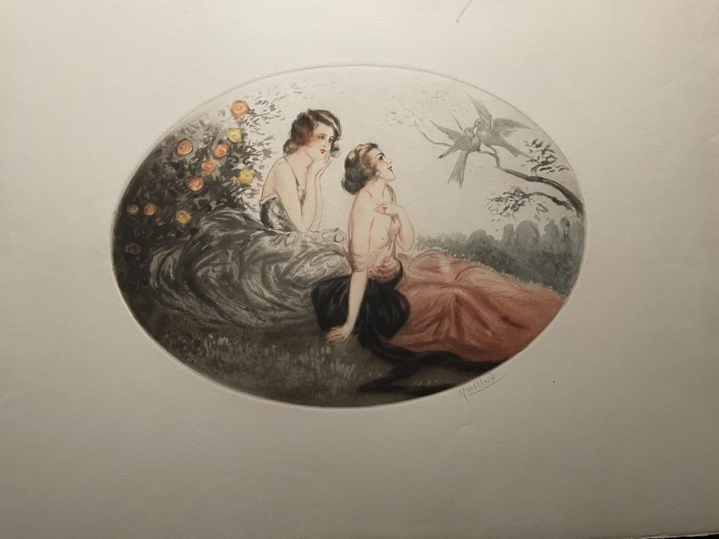 Illustration of two women in vintage dresses seated in a garden with flowers and a bird in the background.