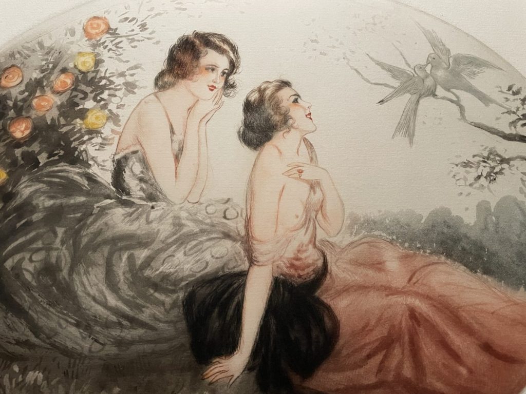 Two women in vintage dresses sitting together, one with a floral background and birds in the distance.
