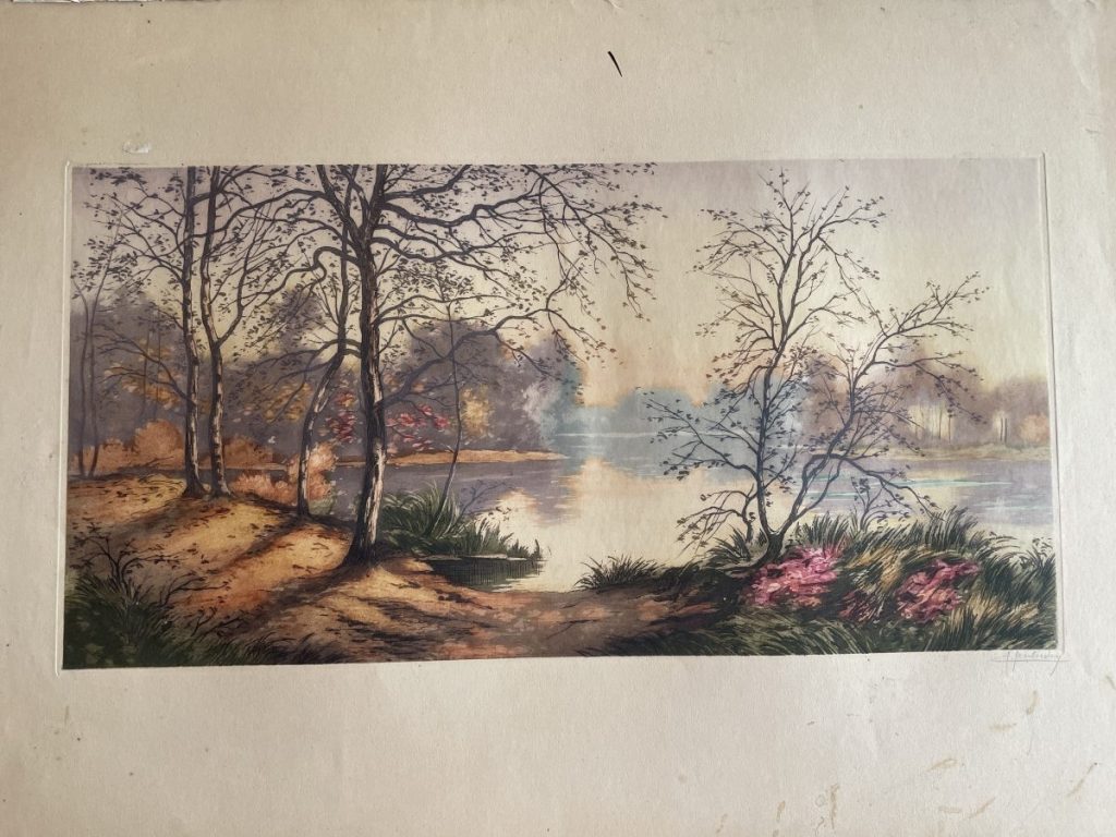 A landscape painting featuring trees, water, and a shoreline with flowers.