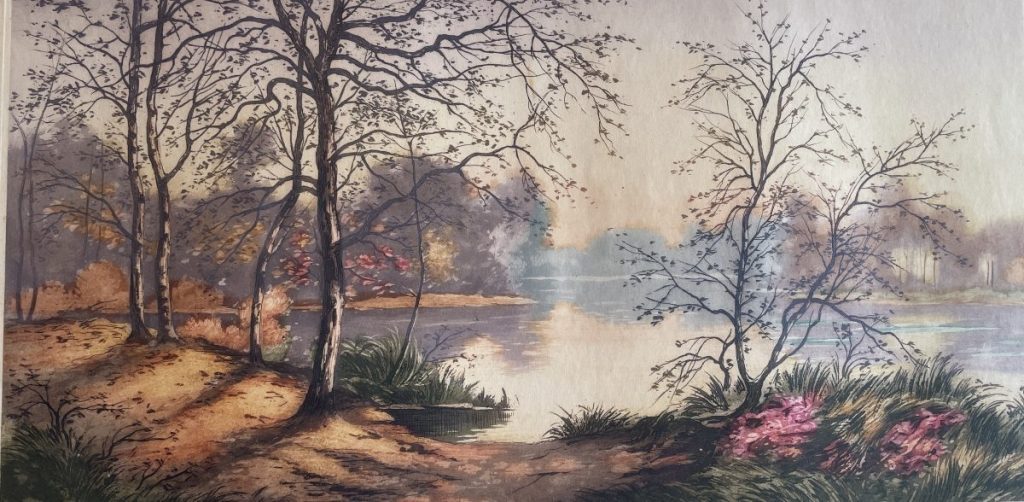 A landscape painting featuring trees, a body of water, and foliage in soft colors.