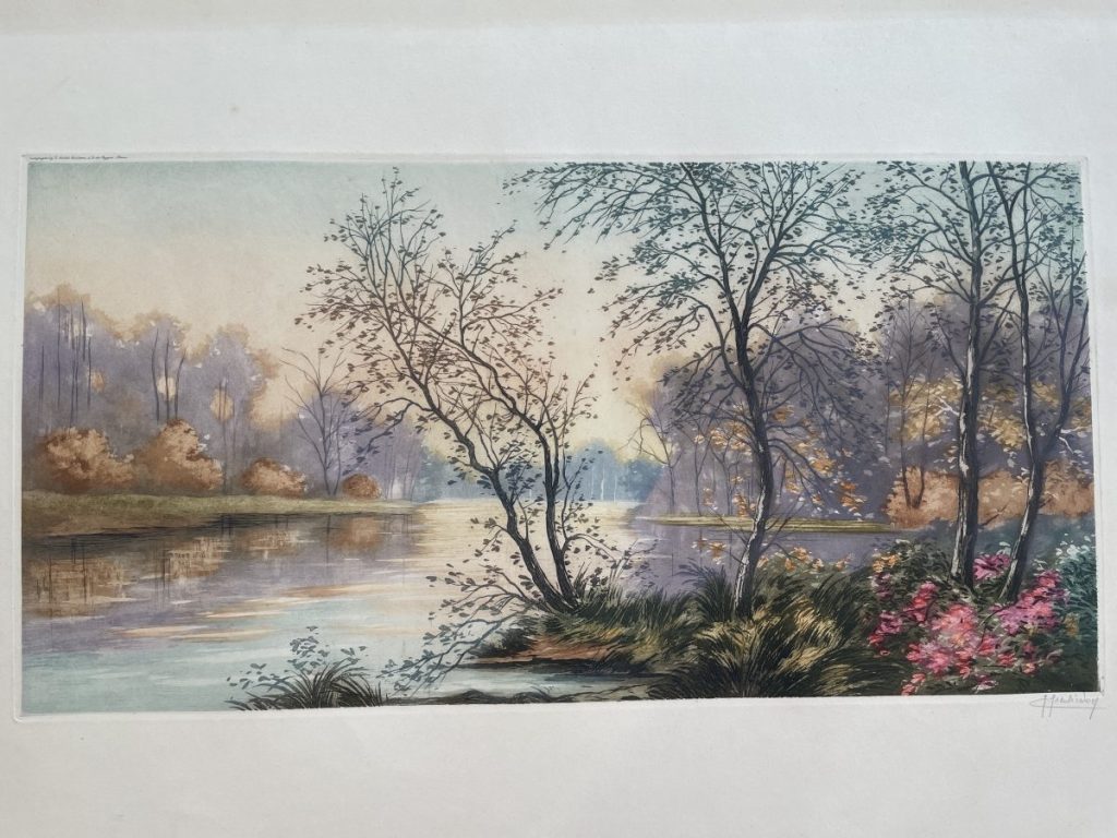 Watercolor painting depicting a serene landscape with trees and a river at sunset.