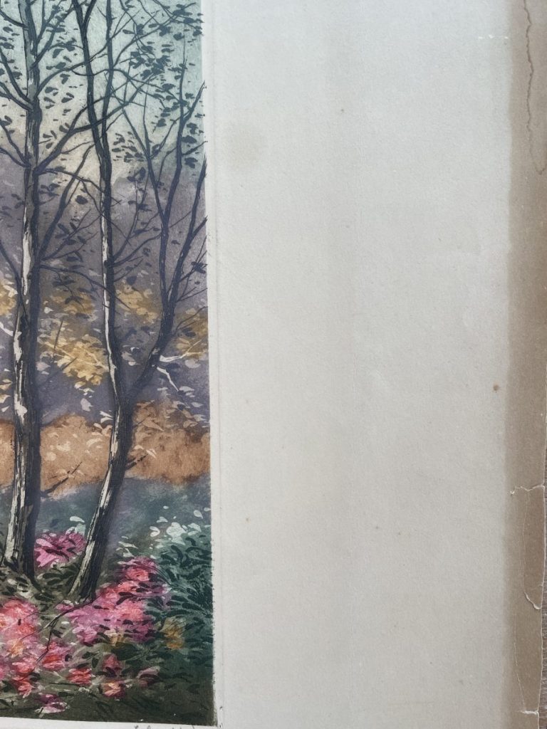 Artwork featuring trees and colorful flowers in a natural landscape setting.