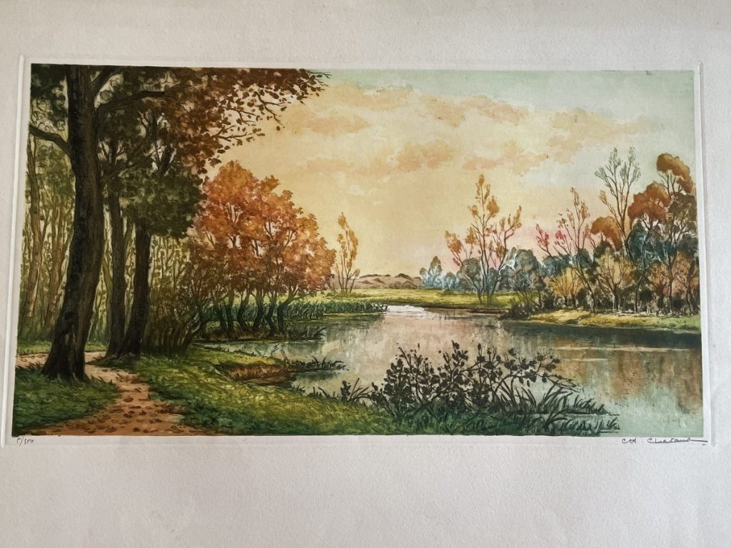 Watercolor painting depicting a serene landscape with trees and a body of water.