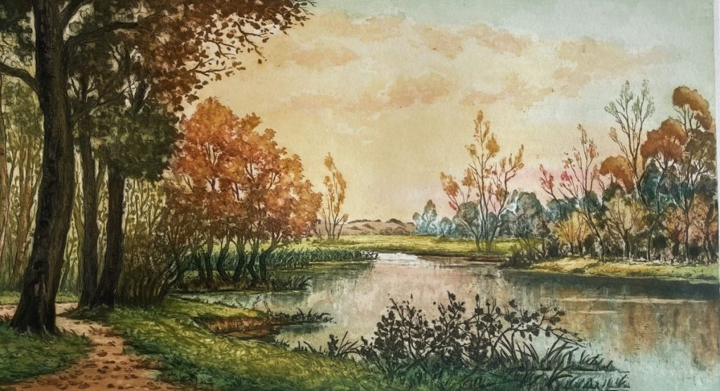 Watercolor painting depicting a serene landscape with trees and a body of water under a pastel sky.