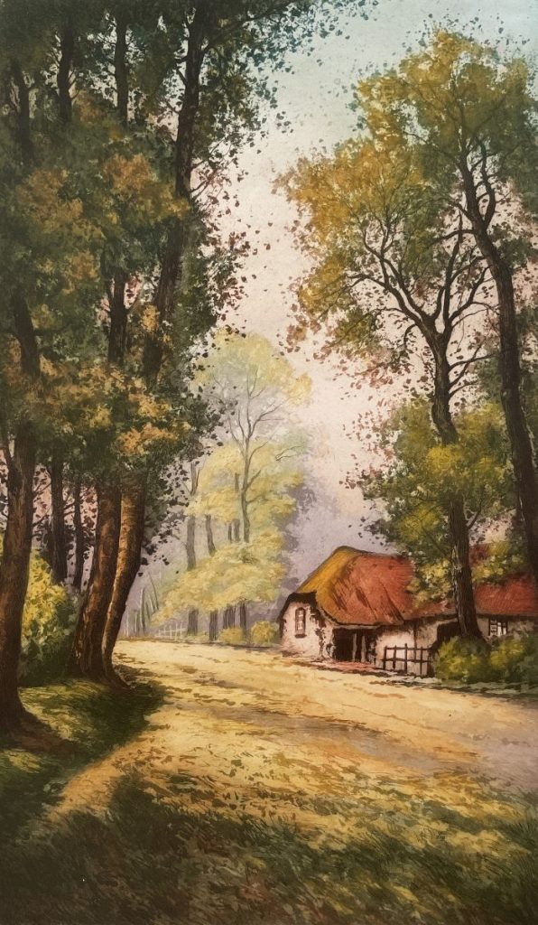 A landscape painting featuring a cottage surrounded by tall trees and a pathway.