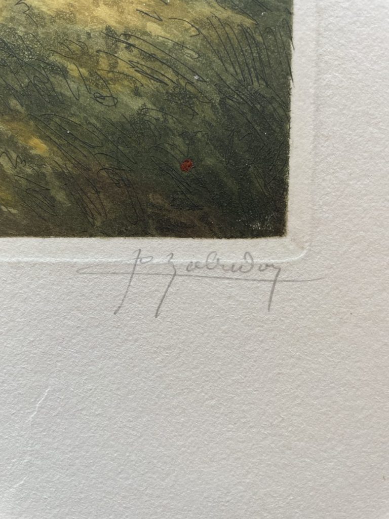 Close-up of an artist's signature on a piece of artwork, featuring a small red dot.