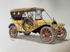 Illustration of a vintage yellow automobile with wooden wheels and a black interior.