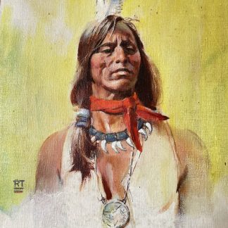 Portrait of a Native American man wearing a feathered headdress and traditional attire.