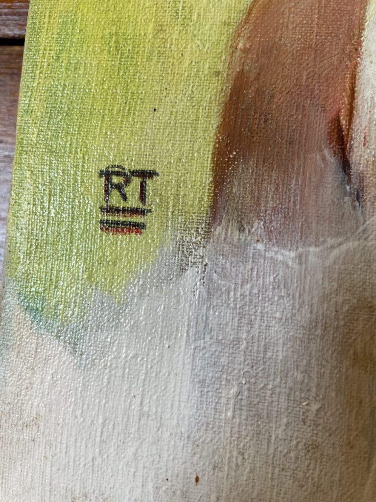 Close-up of an artist's signature 'RT' with decorative lines on a canvas painting.
