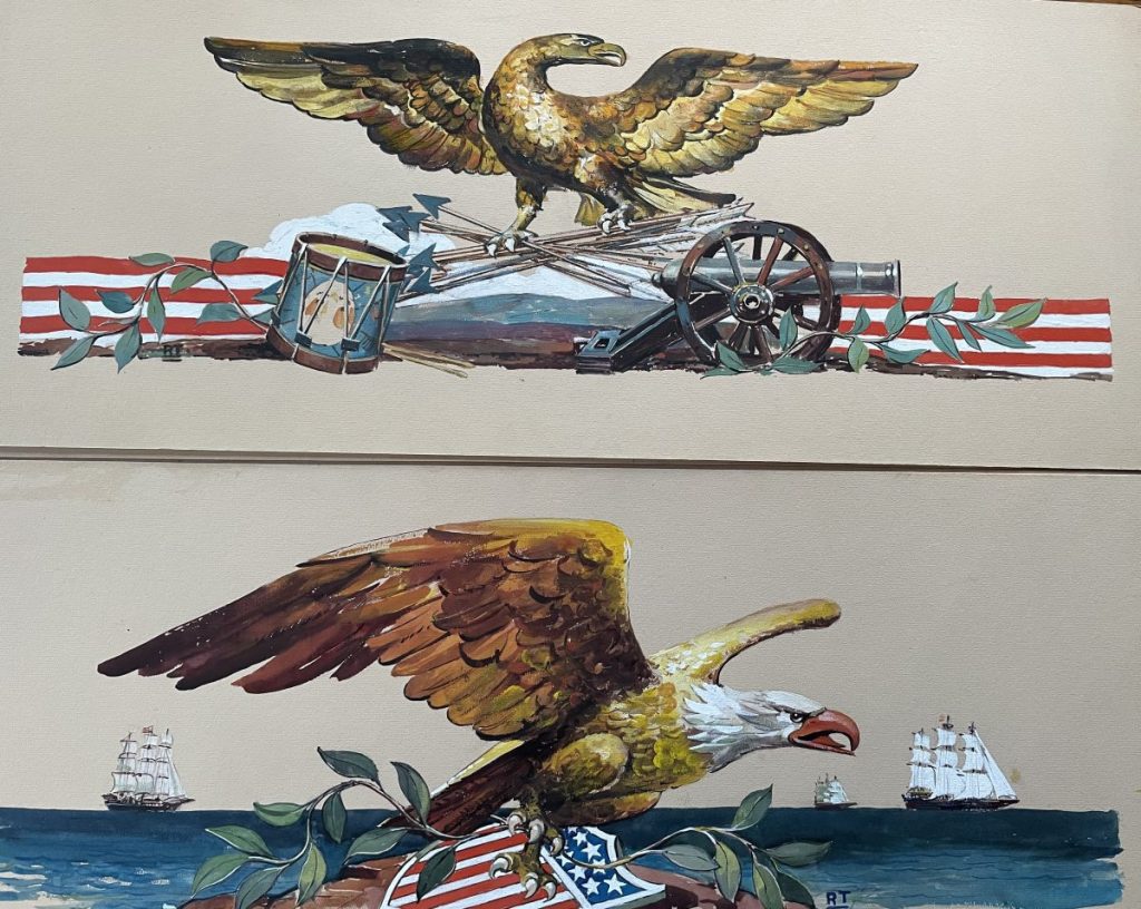 Illustration of a golden eagle perched on a cannon with ships in the background and an American flag.