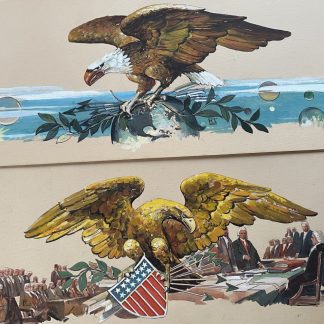 Mural depicting two eagles, one with a shield and the other perched on a globe, with historical figures in the background.