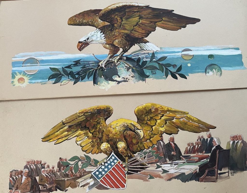 Mural depicting two eagles, one with a shield and the other perched on a globe, with historical figures in the background.