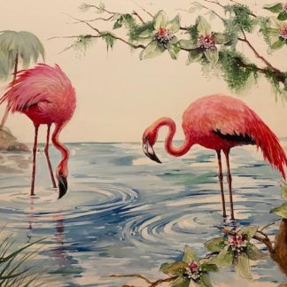 Two pink flamingos wading in water surrounded by greenery and flowers in a painted scene.