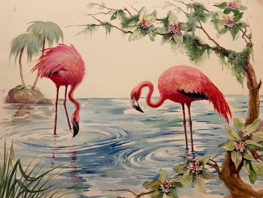 Two pink flamingos wading in water surrounded by greenery and flowers in a painted scene.