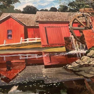 Red barn and water wheel reflected in a body of water with trees in the background.