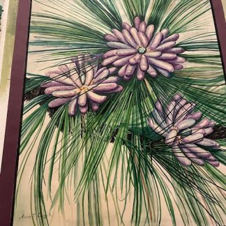 Artwork featuring three purple flowers with green leaves and stems, created by Anne T. Cargill.