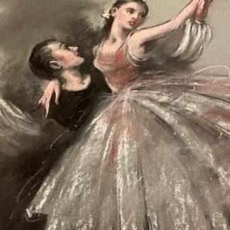 Pastel artwork depicting a male and female ballet dancer in motion, showcasing their elegant poses and costumes.