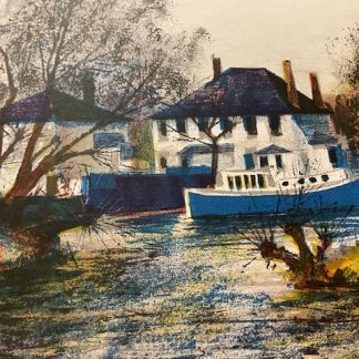 A river scene featuring a blue boat near white houses and trees in a colorful artistic style.