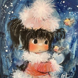Illustration of a child in winter clothing surrounded by small birds in a snowy background.